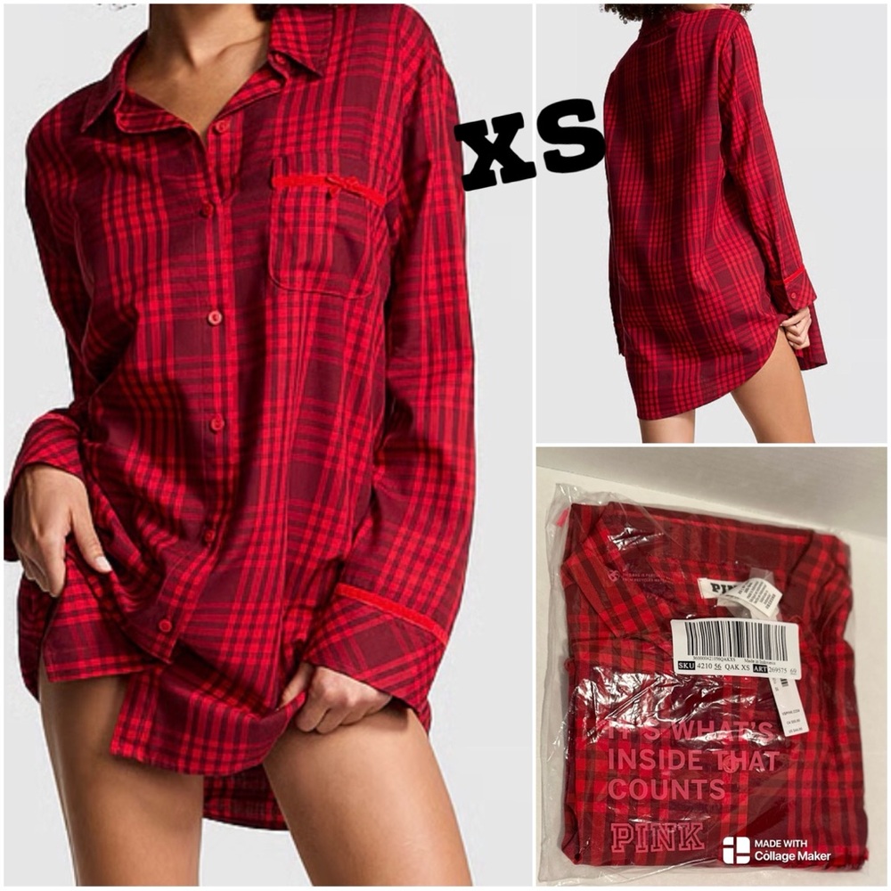 VS PINK NWT Bright Vermillion Flannel Velvet Trim Sleep Shirt